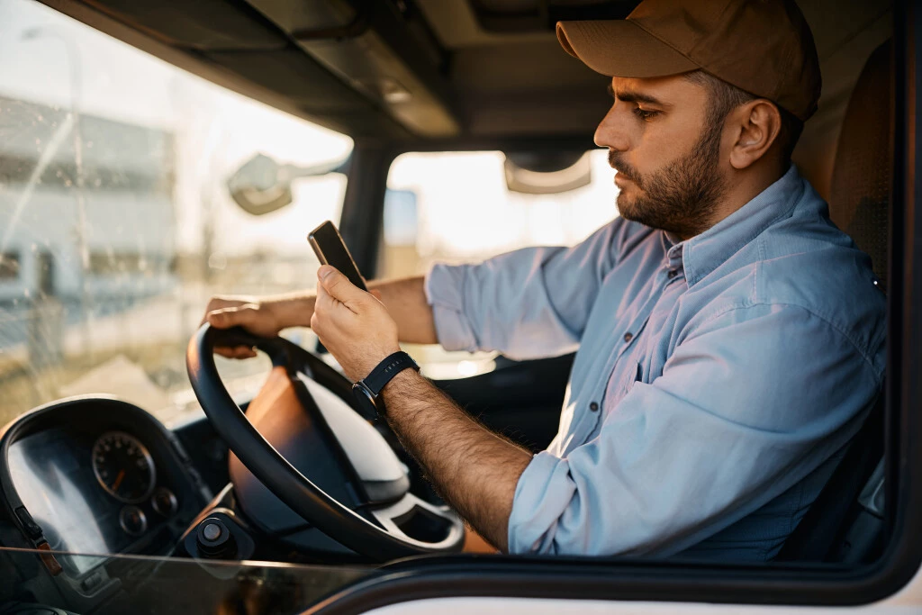 Truck Driver looking at his phone to see if he qualifies for trucking workers comp