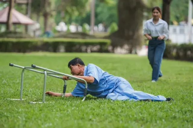 An old man experiencing nursing home abuse, crawling on a lawn holding a walker.