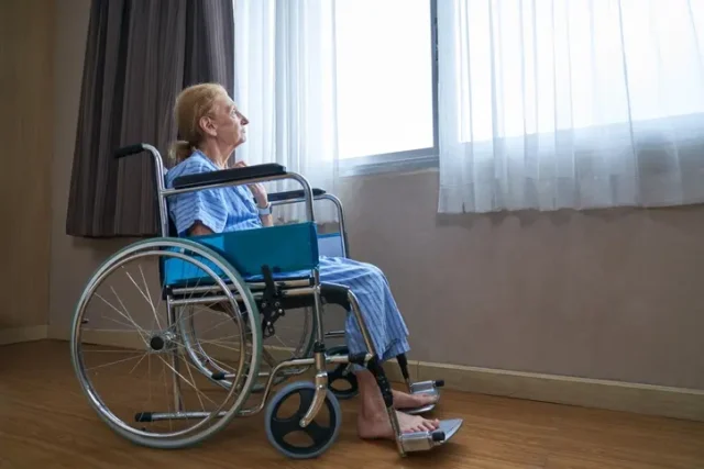 An old woman isolated, looking out of the window in a wheelchair.