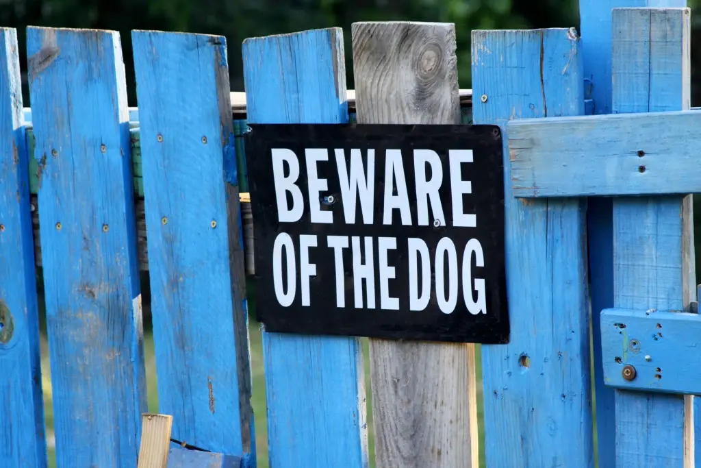 Can you sue under beware of dog sign law? A sign that says "Beware of the dog" on a blue fence.