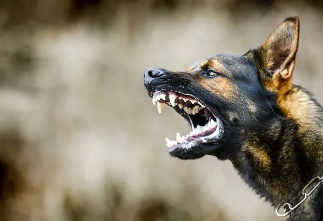 A dog with their fangs out, showing aggression and displaying a level 1 dog bite.