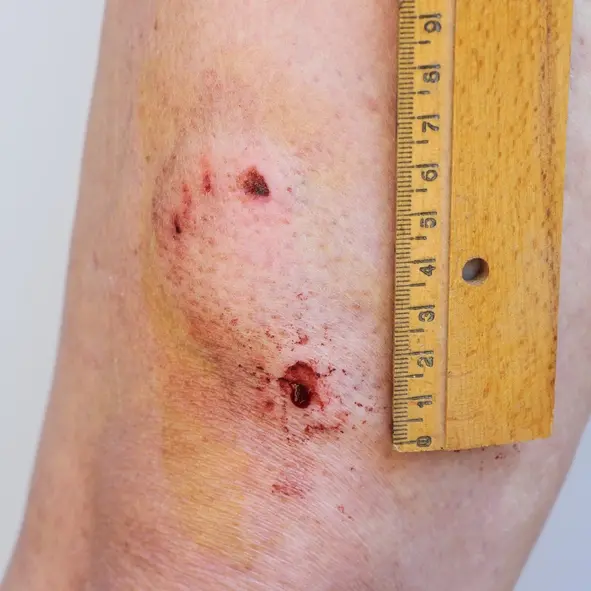 A level 4 dog bite on a leg, with a ruler to the right to show size of bruise.