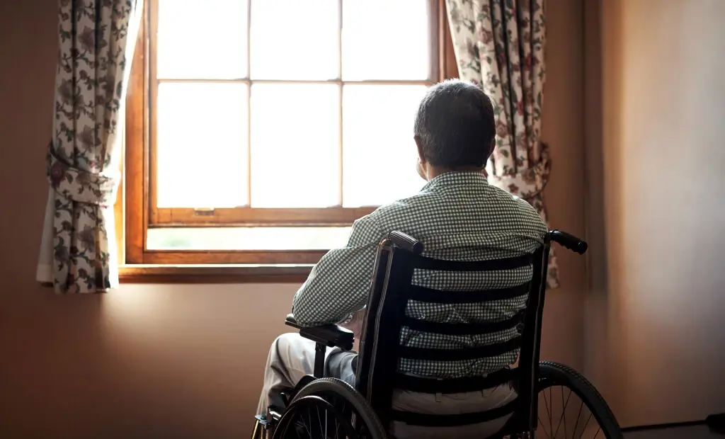 An elderly person sitting in a wheelchair looking out of a window during daytime, suffering nursing home abuse in Alabama