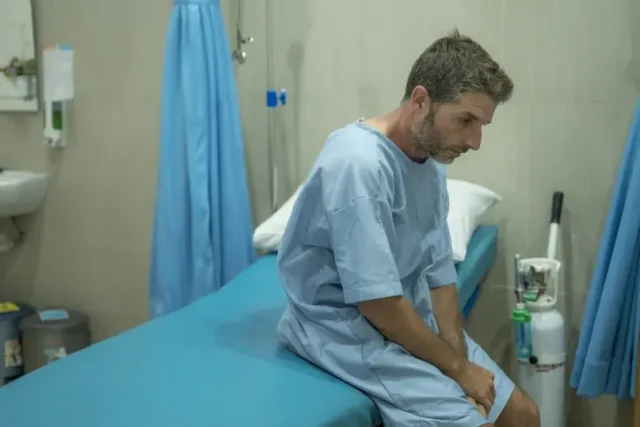 A man experiencing amnesia, sitting in a hospital bed.