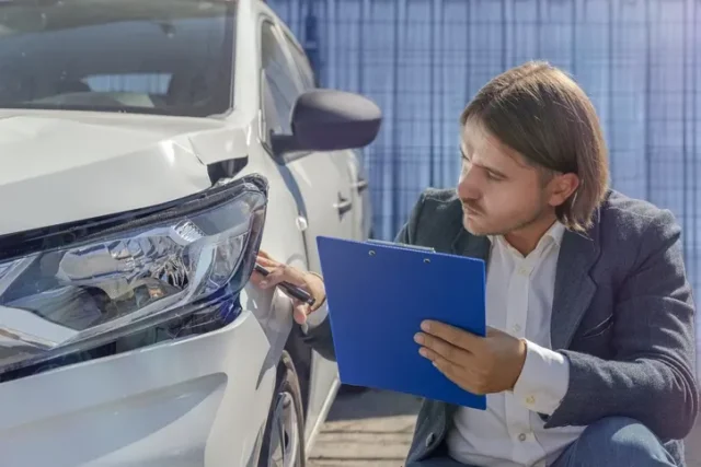 An insurance adjuster looking at a headlight, highlighting insurance requirements in Arizona.