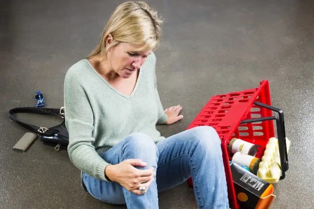 A woman sitting on the floor, wincing and holding her knee after an injury. Is a store liable for a customer injury?