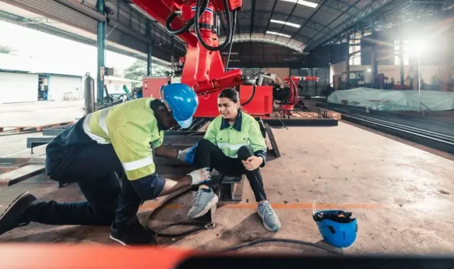 A factory worker suffering repetitive motion injury on her leg.