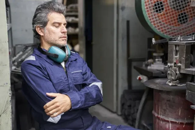 Factory worker with ear damage from an industrial injury.