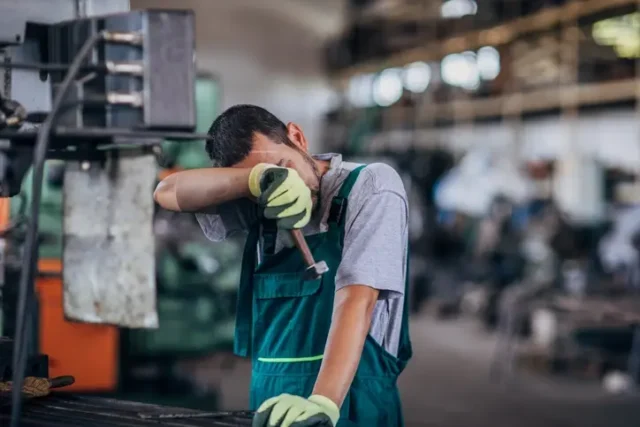 A tired factory worker suffering dehydration during work.