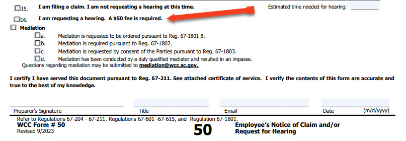 Check this box on form 50 to appeal your south carolina workers comp benefits denial.